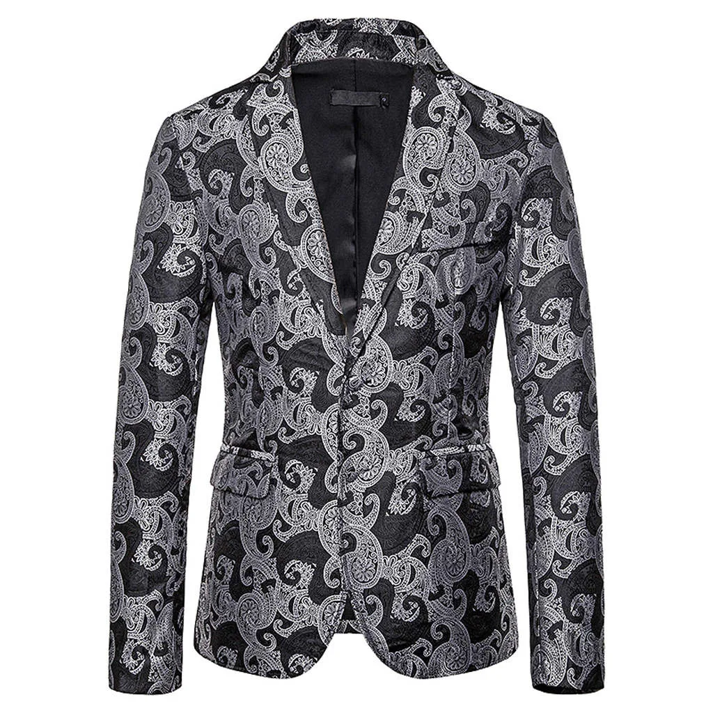 Стиль Slim Fit Мужской Блейзер Куртки Серебряный Цветочный Принт блейзер человек хип хоп сценический блейзер мужской повседневный мужской s Пальто Блейзер Топ - Цвет: Черный