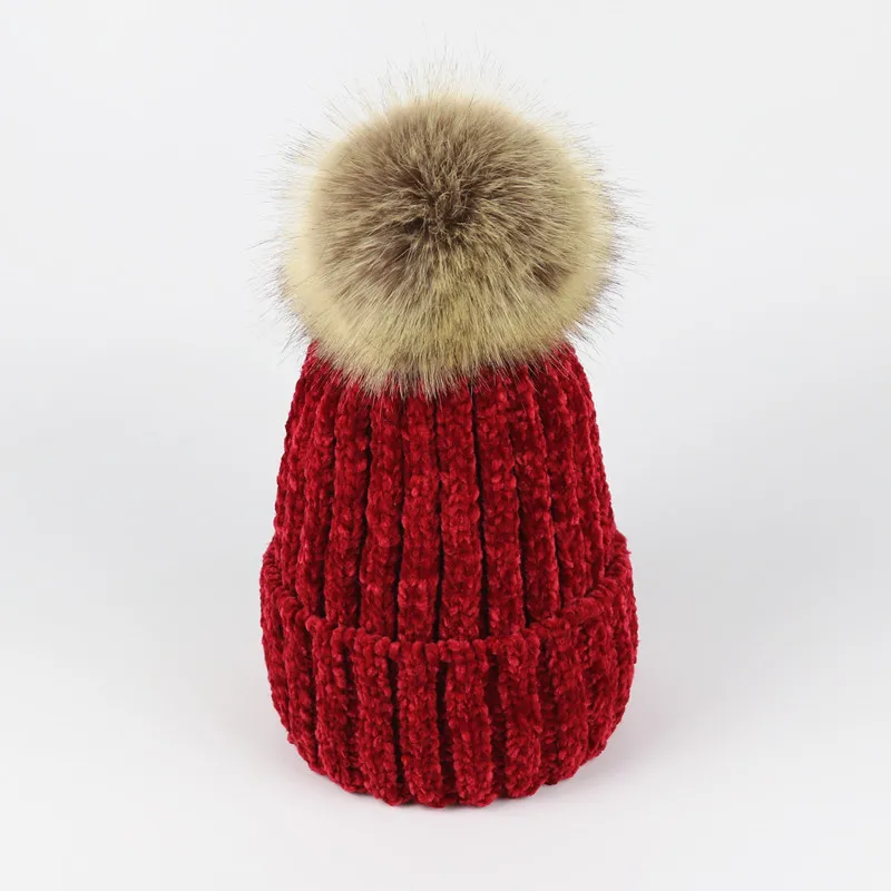 Новинка зимние теплые шапки с пышной опушкой из искусственного меха Pom pom трикотажные Шапки шапки бини шапки Для женщин Кабельное вязаные Skullies с ботиночки с помпончиками завитые без полей для мужчин