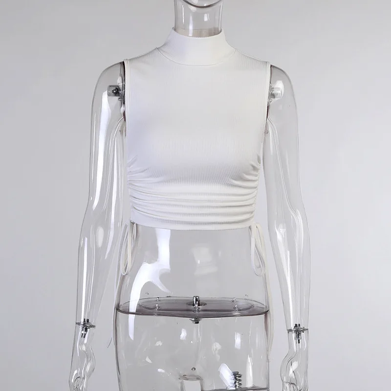 

Fashionable new mini vest 28473p slim solid color round neck drawstring short vest for women