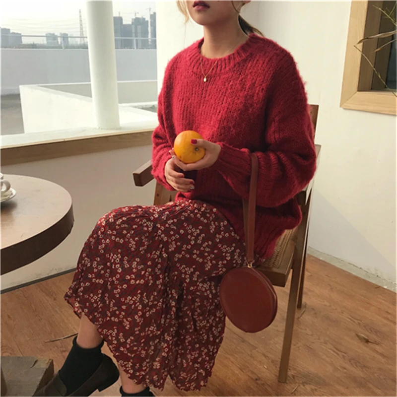 2019 осень и зима корейский стиль сплошной цвет красный трикотажные свитера