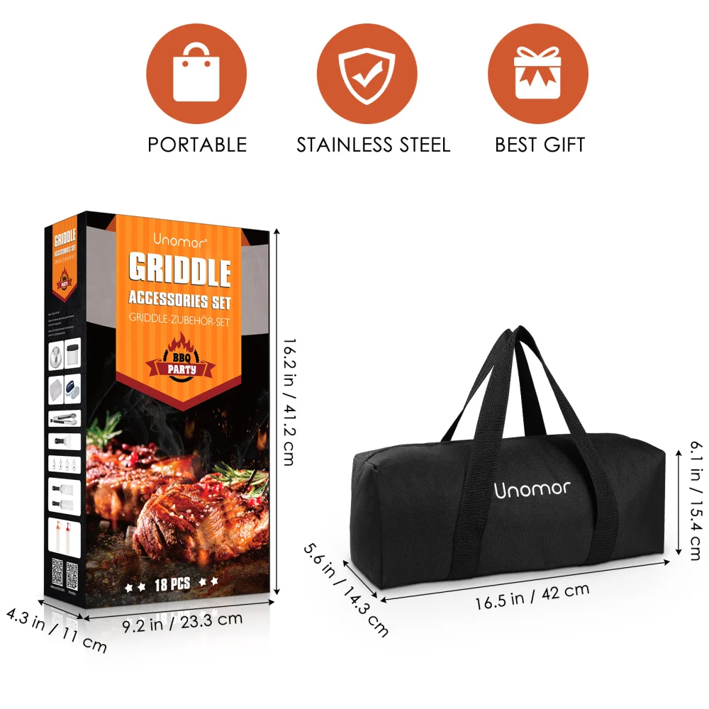 

UNOMOR 18pcs Griddle Accessories Set Professional Stainless Steel BBQ Griddle Tools Extra Thick Spatula Turner Tong an