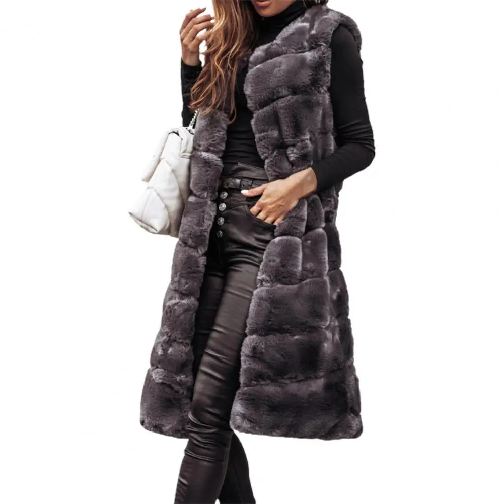 

Stylish Comfy Waisecoat Women Vest Solid Color Round Neck Faux Fur Thick Crew Neck Outerwear Female Plush Coat for Daily Wear
