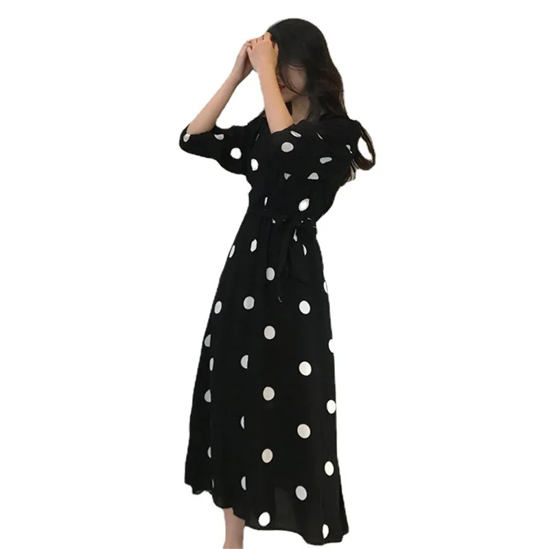 

Woman's Light Summer Short Sleeve Vintage Long Dress With Bandage Straps 2021 Korean Fashion Office Polka Dot Tunic Spring Cloth