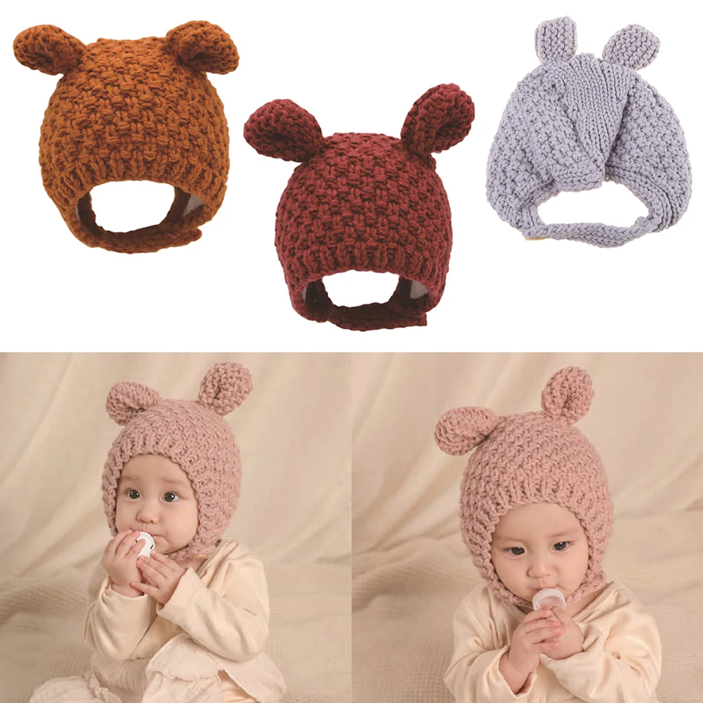 

Winter Warm Baby Beanie Cap Ear Protection Knitted Solid Color Hat for Kids Children Girls Boys