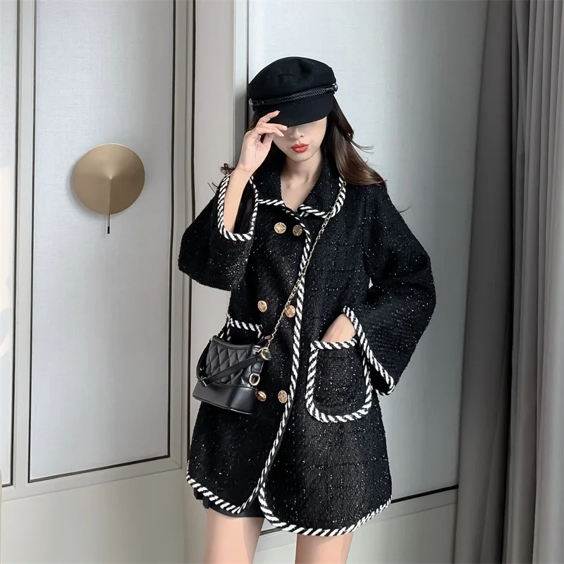 Возможно у женская черная твидовая двубортная Лоскутная Верхняя одежда на