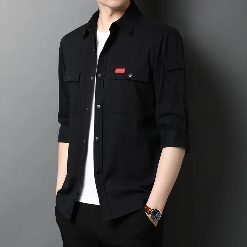 

2021 tooling shirt men's summer new middle sleeve Lapel trend Multi Pocket decoration fashion youth