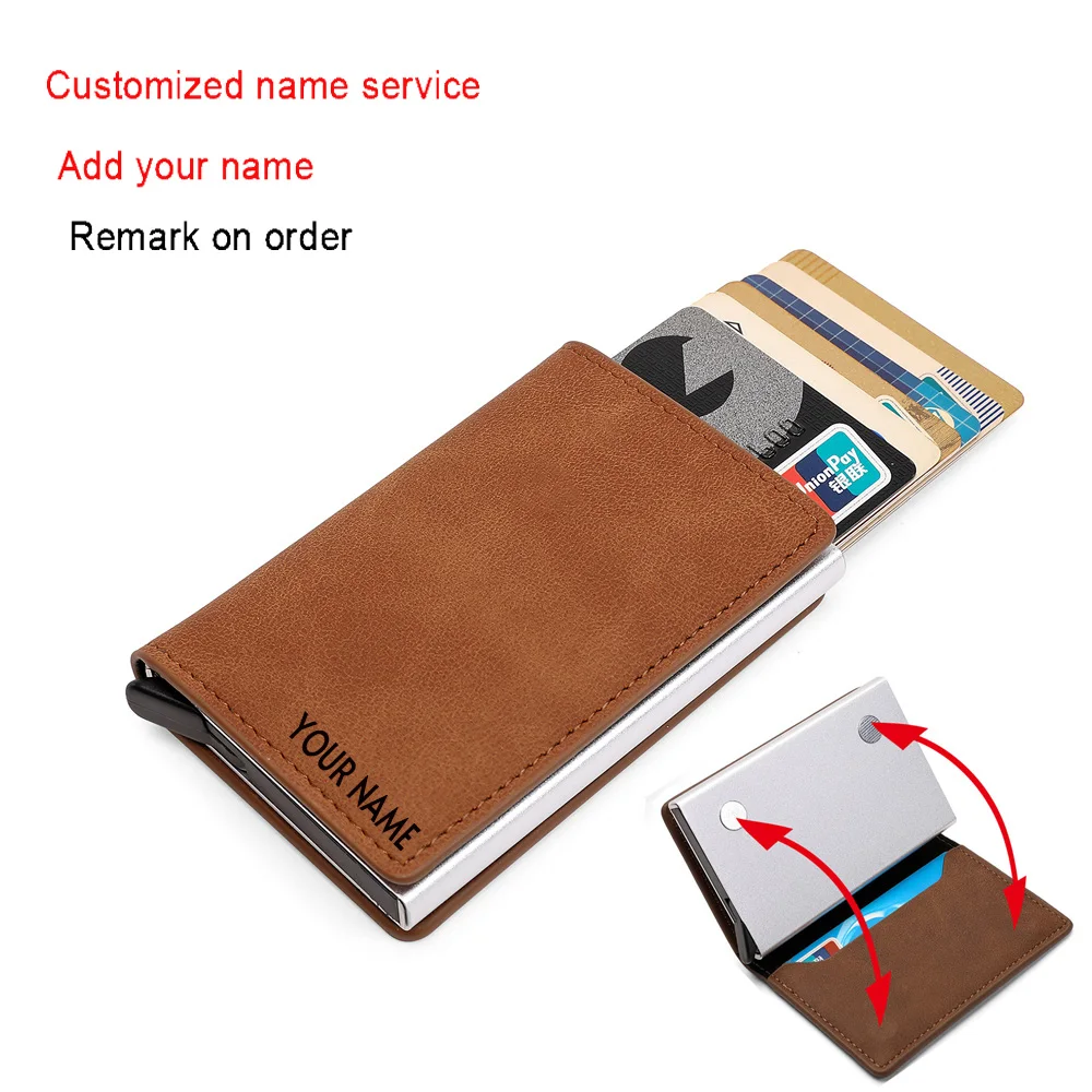 Bycobecy Customized Name Leather Wallet Men Magnet Wallet Rfid Credit Card Holder Aluminum Box Case With Money Clip Card Holder
