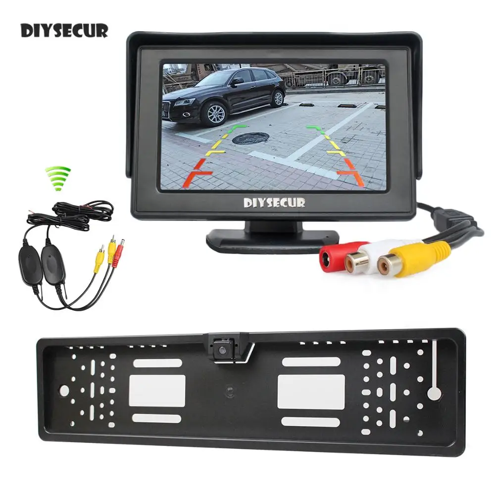 

DIYSECUR Wireless Waterproof European Car License Plate Frame Rear View Backup Camera + 4.3 inch LCD Display Car Monitor