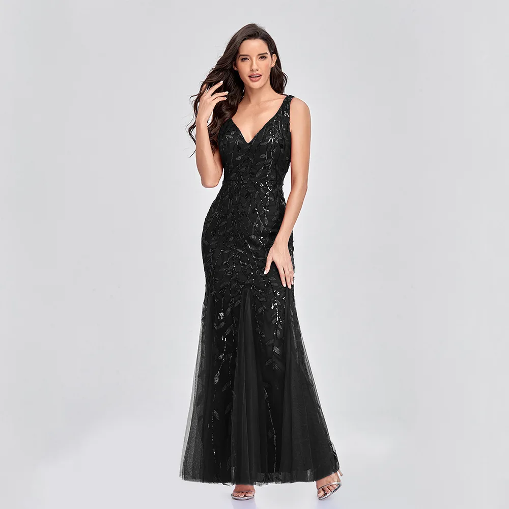

CLCEY 2021 Spring Dress Sexy Long Skirt Sleeveless V-NECK Embroidered Sequins Slim Flt Flshtail Bridesmaid Evening Dress Women