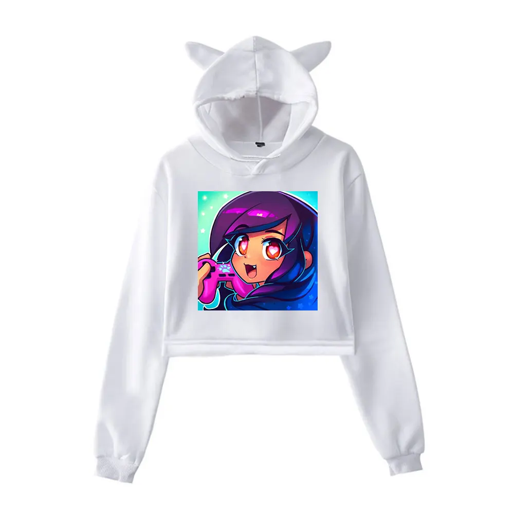 Girls Aphmau Fashion Printed Sweater Cropped Tops Spring and Autumn Long Sleeved Hoodie Teen Casual Cat Ears Hooded Sweatshirt