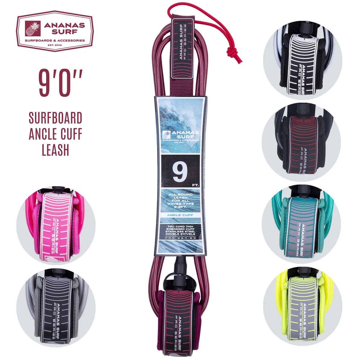 Длинный поводок для серфинга Ananas 9 футов. 274 см. Манжета на лодыжку веревка ножек