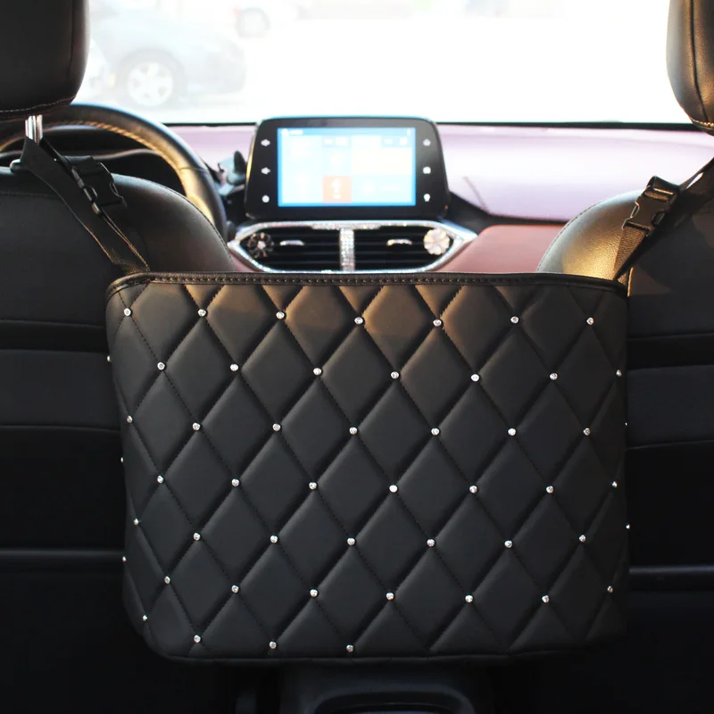 

PU Leather Car Organizer Storage Bag Diamond Rhinestone Car Container Barrier of Backseat Holder Multi-Pockets Stowing Tidying