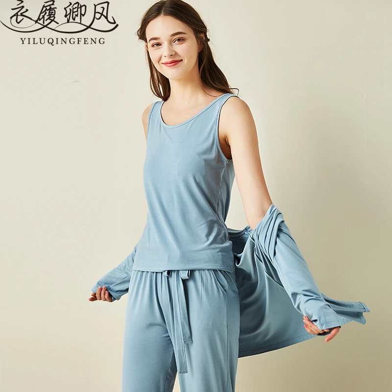 

Spring and summer new women's bamboo fiber pajamas three piece suit cardigan long sleeve trousers suspender home clothes