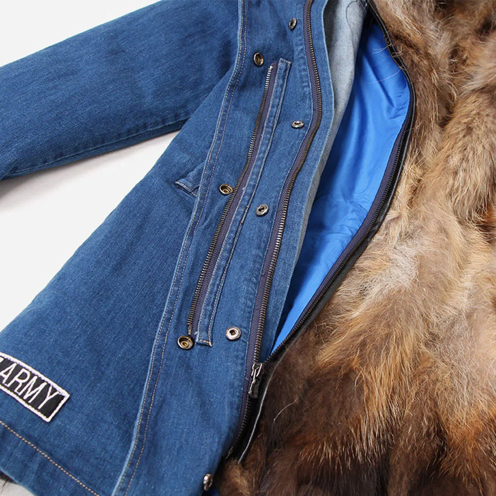 2020 зимняя длинная подкладка из кроличьего меха джинсовая куртка с воротником