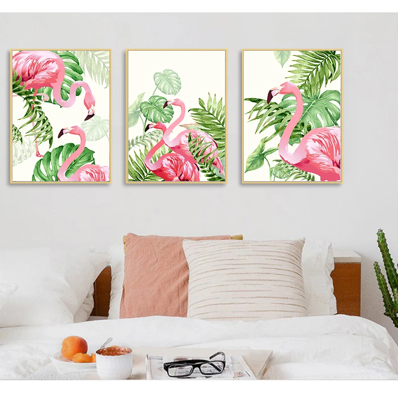Картина для детской комнаты с изображением зеленых растений и фламинго | Дом сад