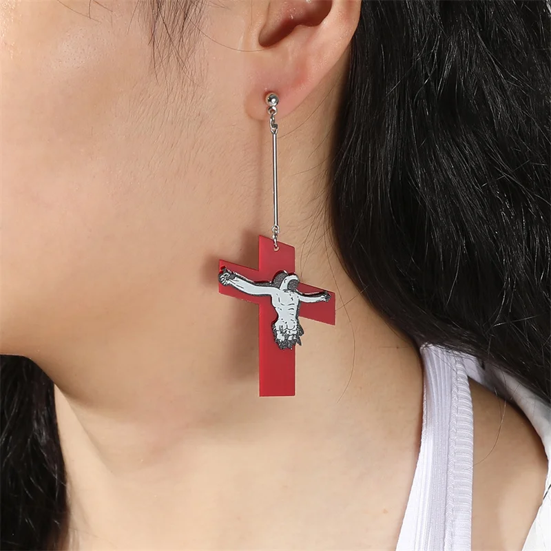 New Cross Jesus Acrylic Earrings Exaggerated Big Red Dangle Earrings for Women Men Night Club Street Party Jewelry images - 6