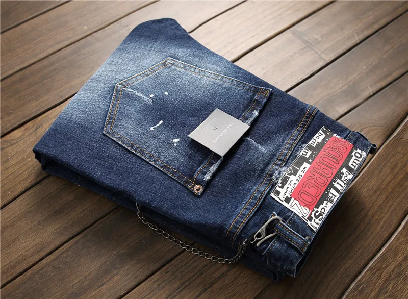 

European American Simple Jeans Men's Fashion Button Placket Holes Splash Ink Patch Slim Embroidery Flower Fashion Trendy Pants