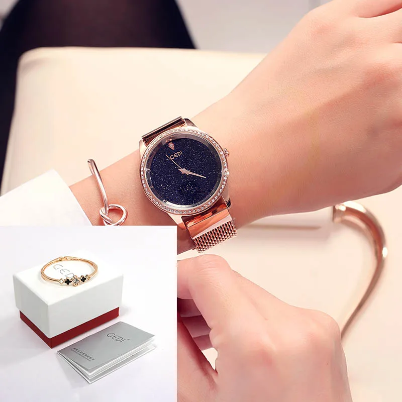 Rosegold box GEDI брендовые модные звездное небо часы для женщин розовое золото кварцевые часы Элегантные женские Бизнес наручные часы Relogio Feminino reloj mujer - Цвет: Rosegold box