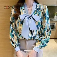 floral printed women loose chiffon blouses 2021 new elegant ladies bow tie collar shirts femme blusas long sleeve tops clothings