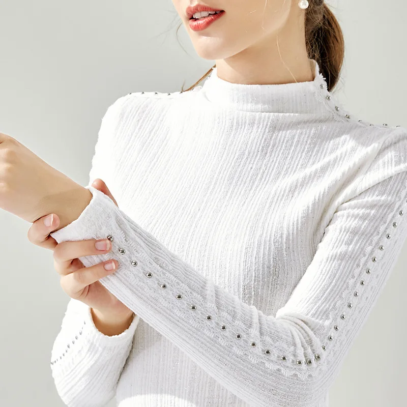 

2019 autumn and winter wear long-sleeved t-shirt design sense beaded top Western style semi-high collar bottoming shirt women