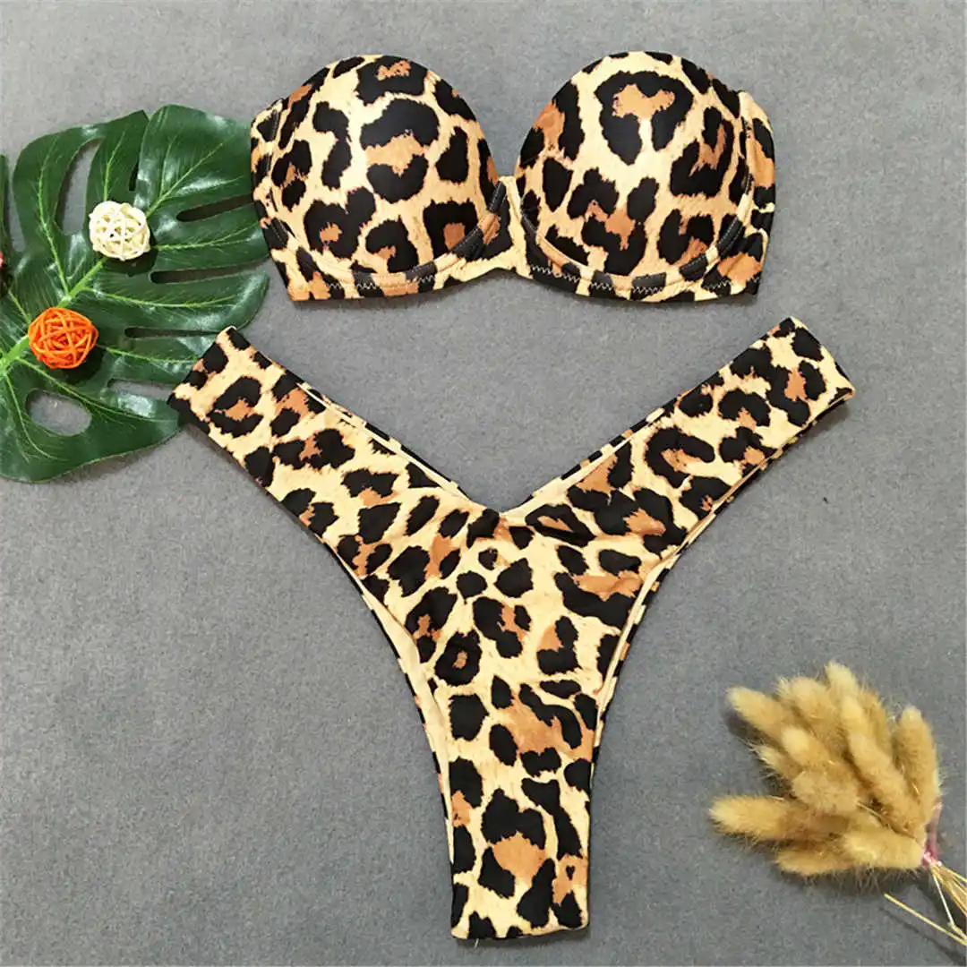 Leopard Новинка, бикини-бандо, сексуальный женский купальник, комплект бикини из двух предметов с чашечкой бюстгальтера, купальный костюм, V1609 - Цвет: Leopard