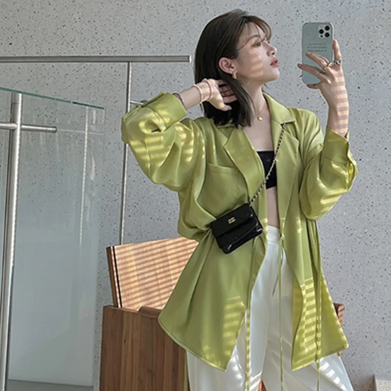 

Korean Women Long Blazer Long Sleeves Thin Fashion Office Lady Elegant Coat Lace Up Blazers Loose Chiffon All Match