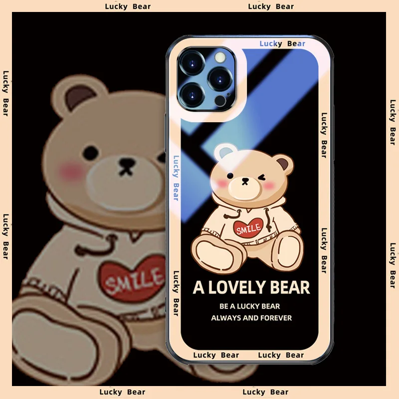 

ASINA Transparent Tempered Glass Case for iPhone 13 11 12 Pro Max Mini XS XR X Cartoon Bear Funda For iPhone 7 8 Plus SE 2020