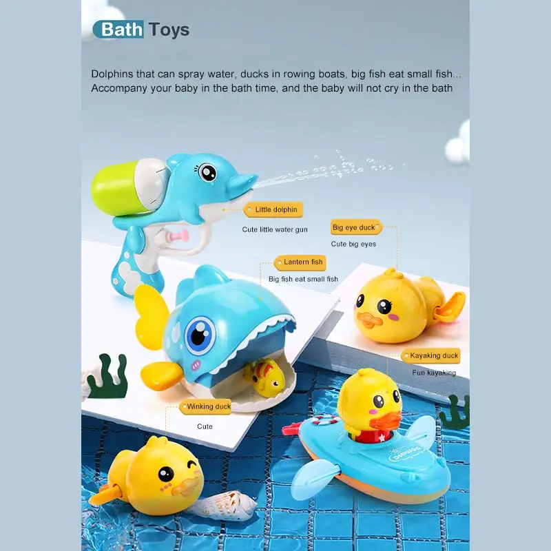 

Children Bath Water Playing Toys Chain Rowing Boat Swim Floating Cartoon Duck Infant Baby Early Education Bathroom Beach Gifts