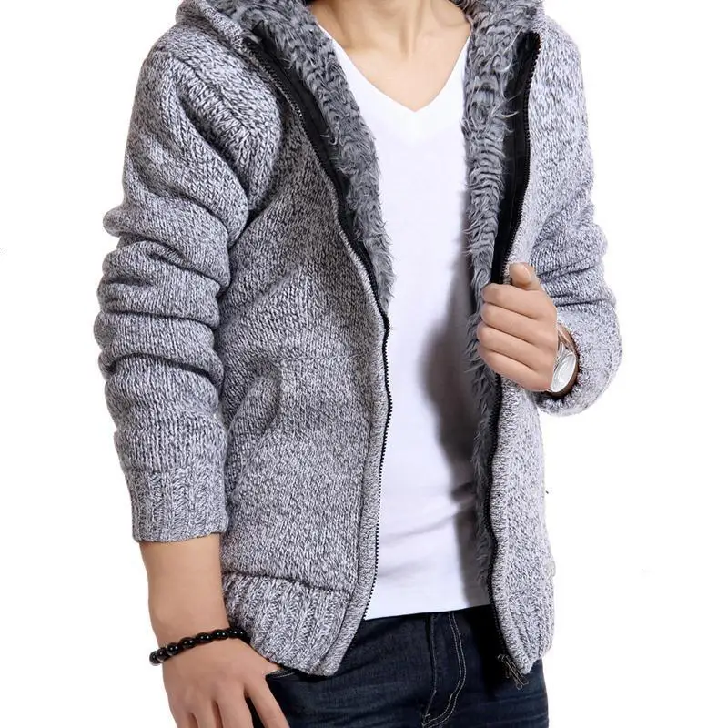 

Jacket Men Thick Velvet Hooded Fur Jackets Mens Winter Padded Casual Knitted Sweater Cardigan Coats Outwear Sweatshirts Parkas