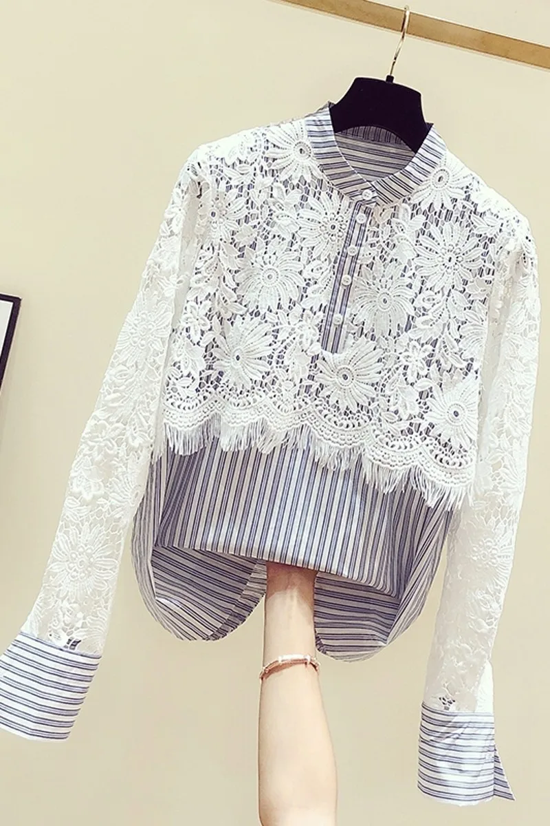 

New Korean Lace Shirt Woman Autumn Fashion Hollow Lace Stitching Stripe Long Sleeve Shirts Girls Lady Stand Collar Blouse Tops