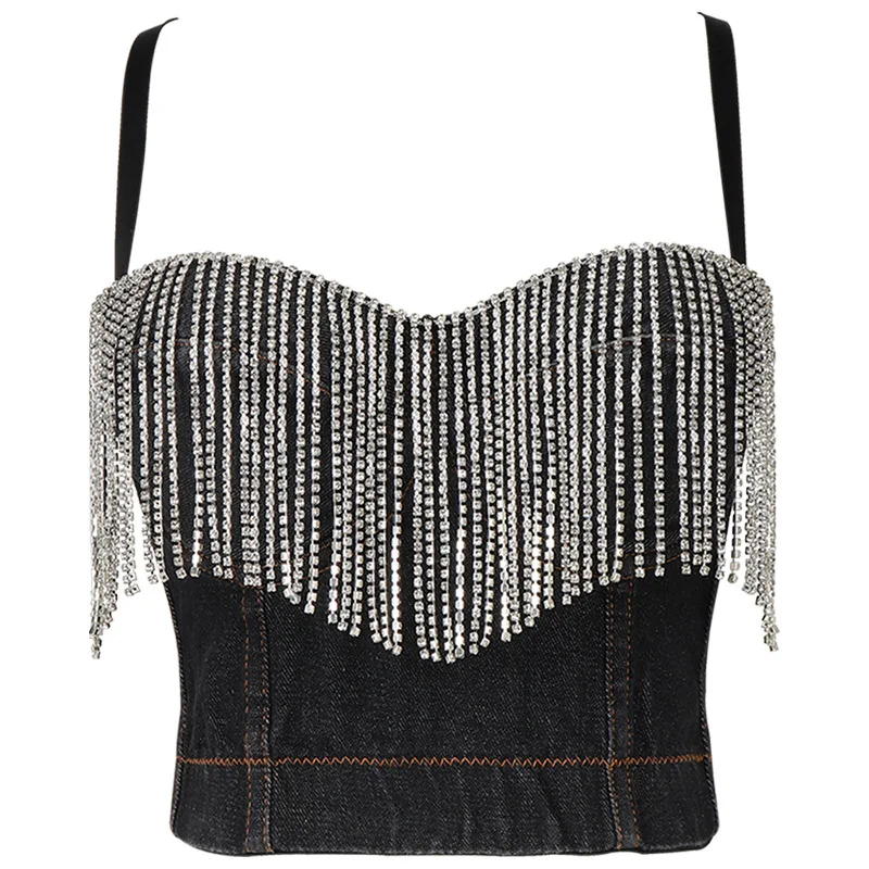 

Fashion Diamond Tassel Beading Crop Tops Women Sexy Chain Slim-fit Backless Party Club Push Up Bustier Summer Slimming Crop Tops
