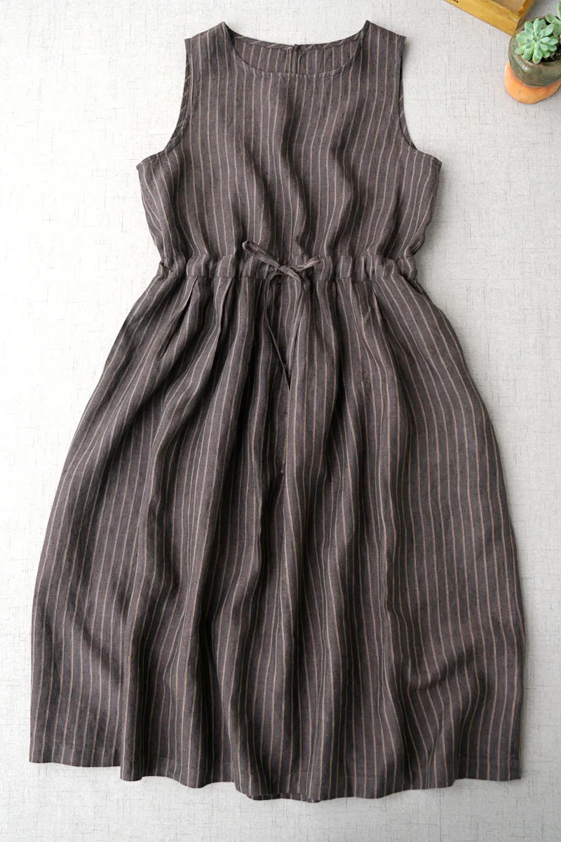 

Summer Women Loose Vintage Japan Style Striped Drawstring Waist Comfortable Water Washed Linen Pullover Sleeveless Tank Dresses