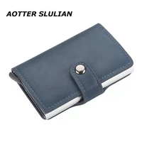 smart card holder fashion brown blue black wallet rfid safe anti theft portable buckle leather small bag mens alloy metal purse