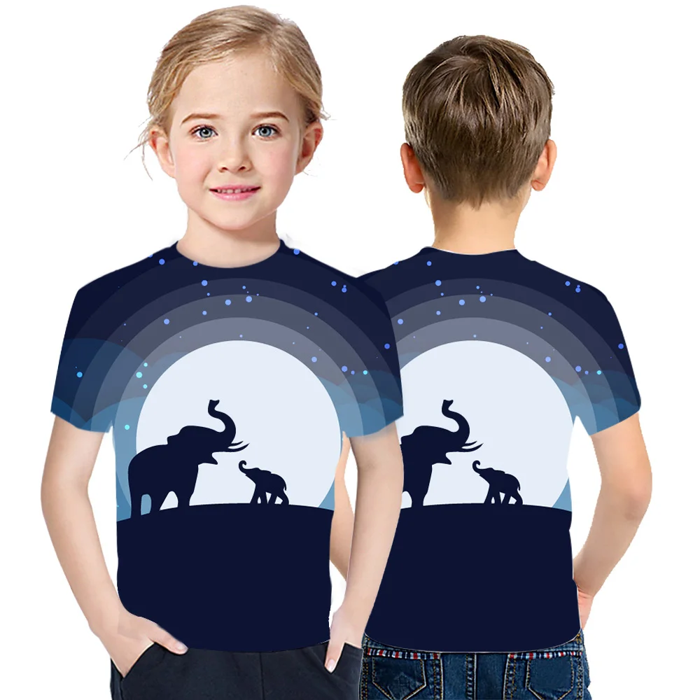

2021 Summer New Elephant Children Hot Sale 3D Creative Printing T-Shirt Boys Girls m Cotton Breathable Casual Top
