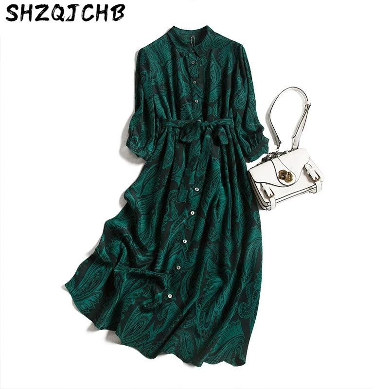 

JCHB 2021 Real Silk Dress Women Summer Spring High Quality Shirt Dress Elegant Midi Party Korean Dresses for Women Clothes