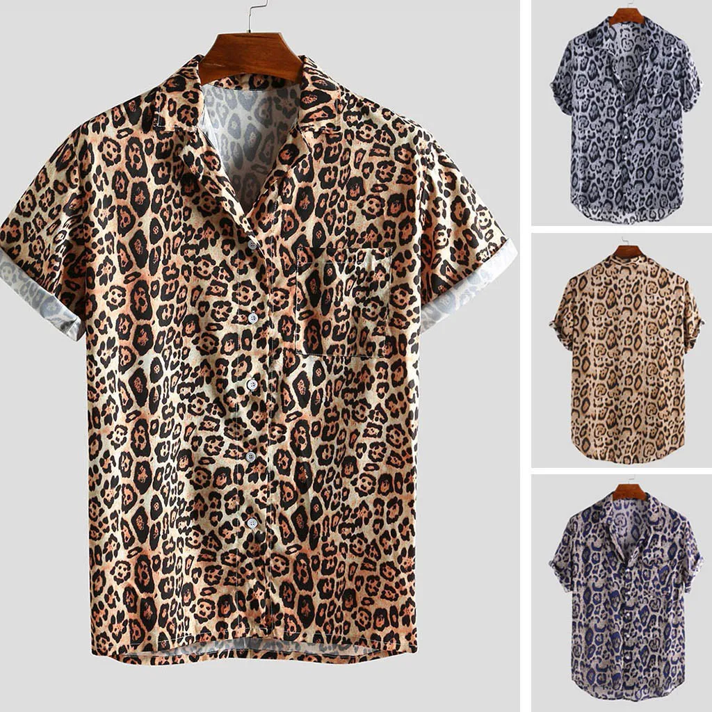 

Men's shirt leopard print pocket short sleeve shirt shirt print chest pocket lapel short sleeve casual loose shirt Q6