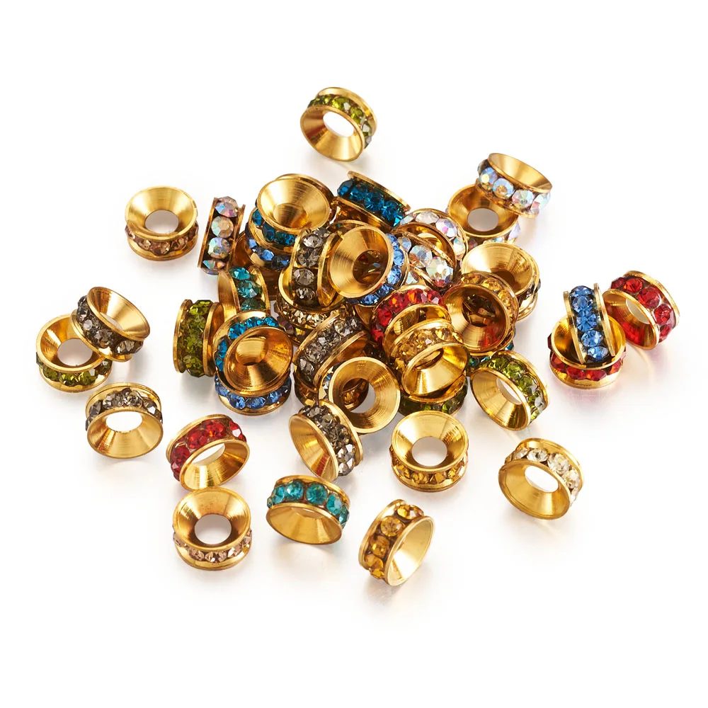 

50pcs Brass Spacer Beads with Mixed Color Grade A Rhinestone Flat Round Golden DIY Jewelry Necklaces Making Findings, 9x4mm