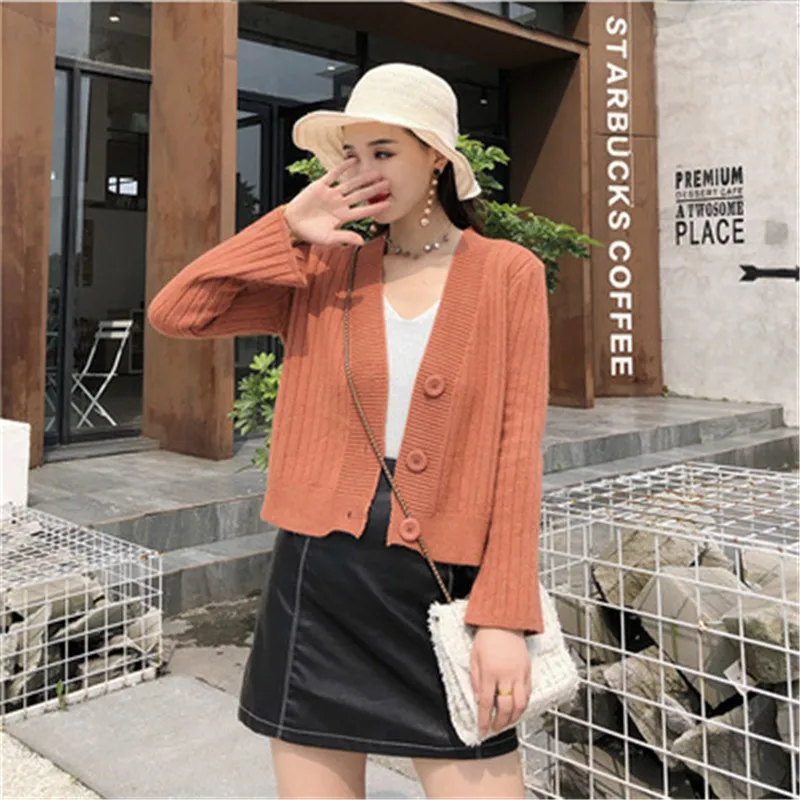 2019 новый свитер куртка кардиган женский укороченный длинный рукав Трикотажный
