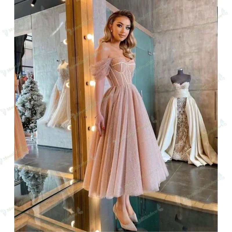 

New Pink Short Prom Dresses Off The Shoulder Shiny Dotted Tulle Evening Gowns Tea length Corset Prom Party Gowns