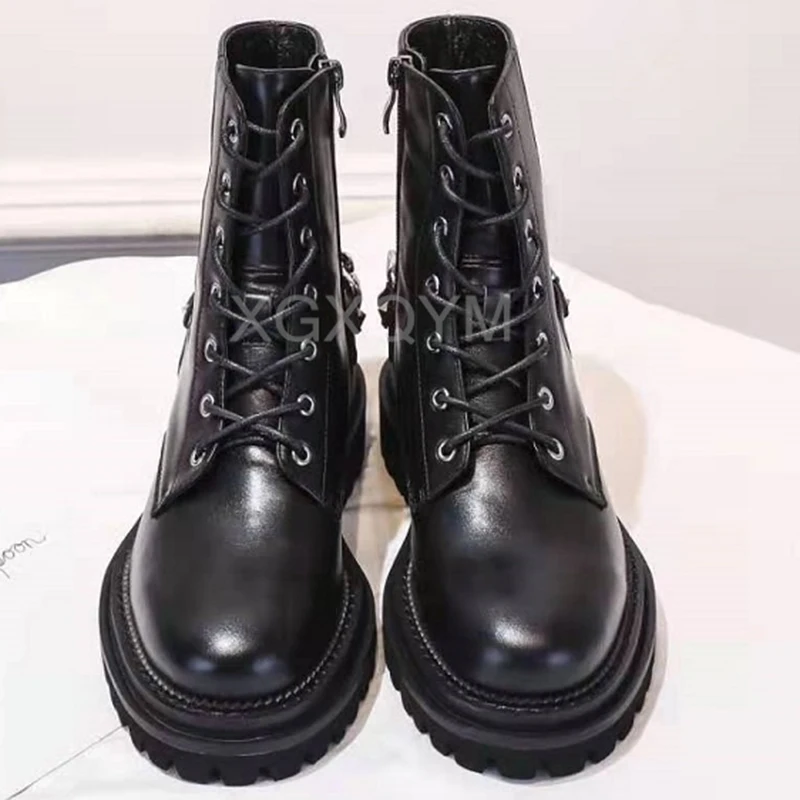 Jual Sepatu Bot Pergelangan Kaki Wanita Kulit Asli Musim Gugur Sepatu Bot Pendek Platform Dekorasi Rantai Renda Sepatu Bot Martin Wanita Ritsleting Ujung Bundar 2021
