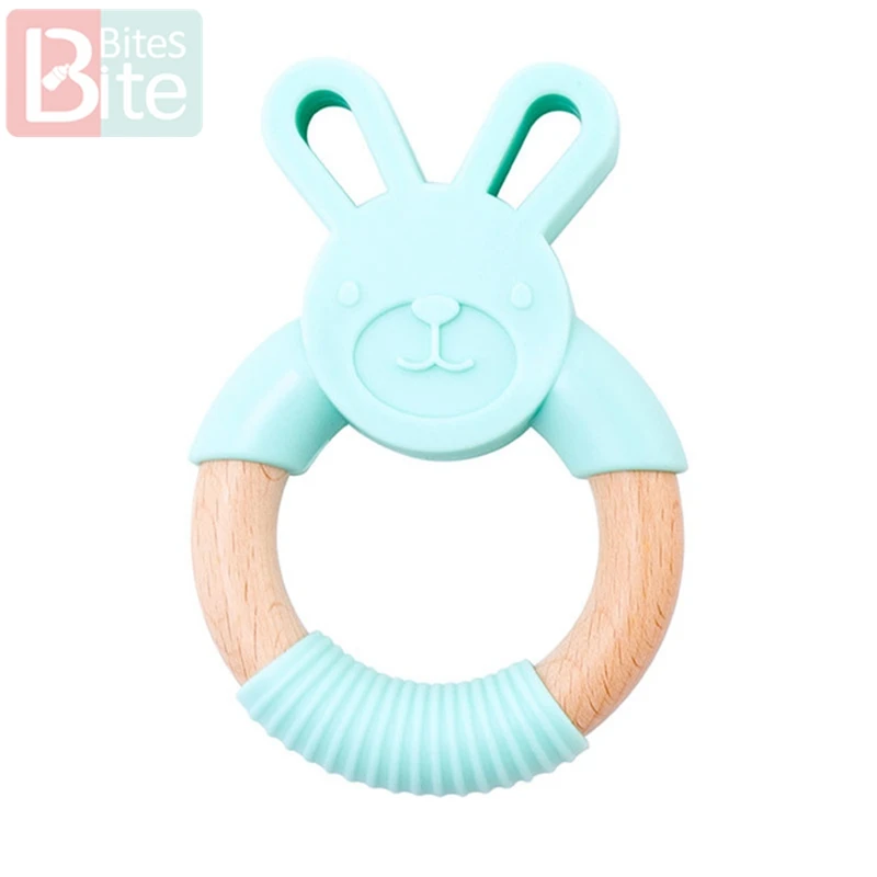 Mint Rabbit 1 шт. Детские трофеи силиконовые мыши грызуны Силиконовые Прорезыватели деревянные кольца деревянный Прорезыватель коляска белка для детей товары игрушки - Цвет: Mint Rabbit