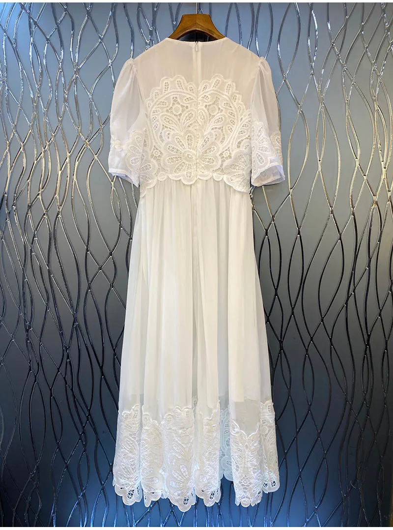 

High Quality Women's New Style Stitching Water-soluble Flower Embroidery Solid Color Dress