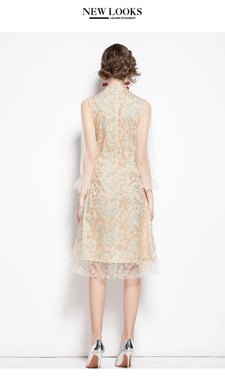 

Winter Floral Print Female Dress Sweet Elegant High Waist Lace Up A-line Mesh Women Dresses S-XL