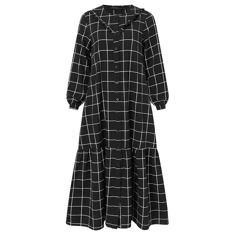 ZANZEA Women Vintage O Neck Long Sleeve Muslim Dress Spring Elegant Plaid Checked Maxi Sundress Abaya Hijab Robe Femme | Тематическая