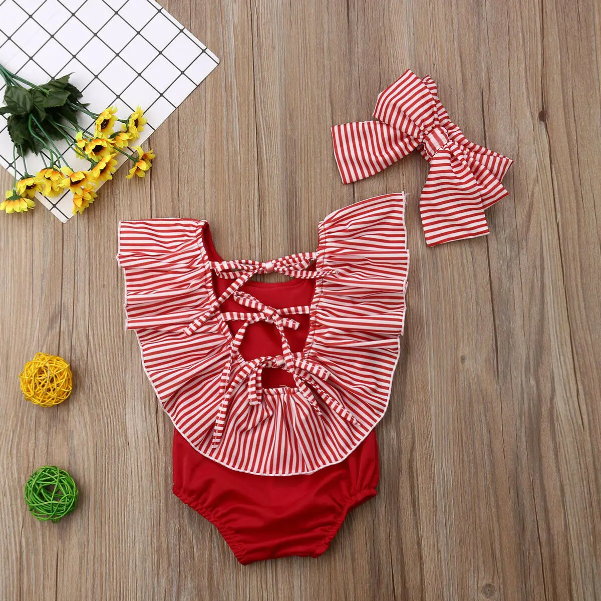 

Toddler Baby Girl Sleeveless Backless Bathing Suit Outfits Swimsuit Sets 2Pcs Summer Bikini+Headband Striped Ruffles Swimwear