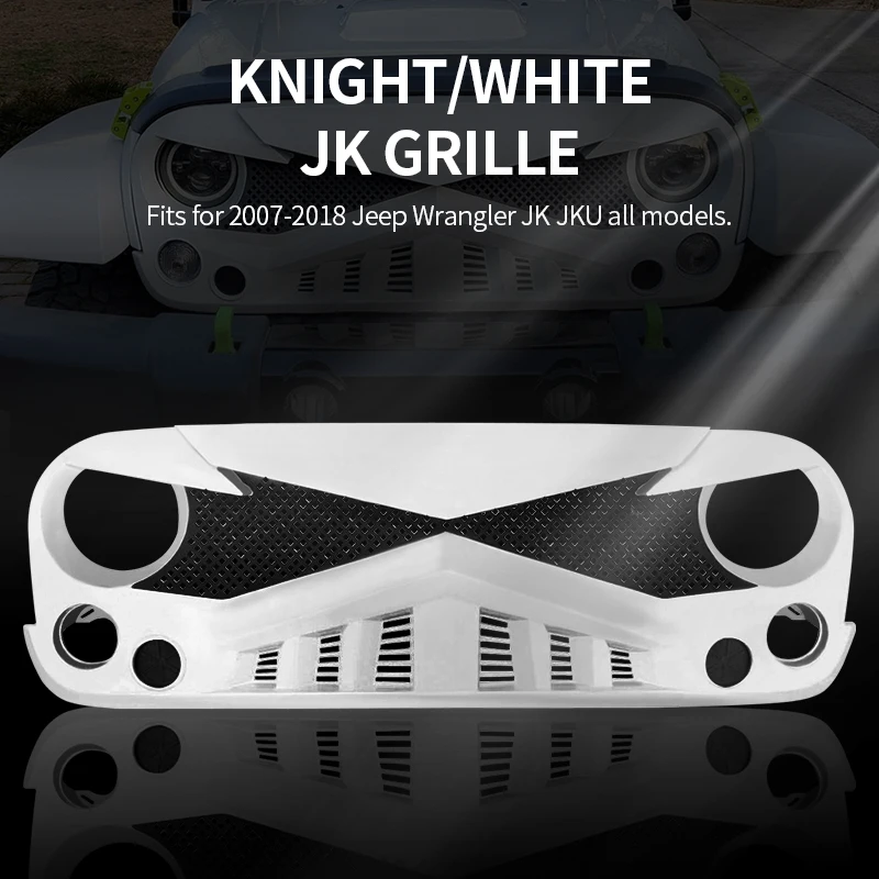 

For 07-18 Jeep Wrangler JK JKU Front Bumper Grill White Hawke Grille W/Mesh ABS