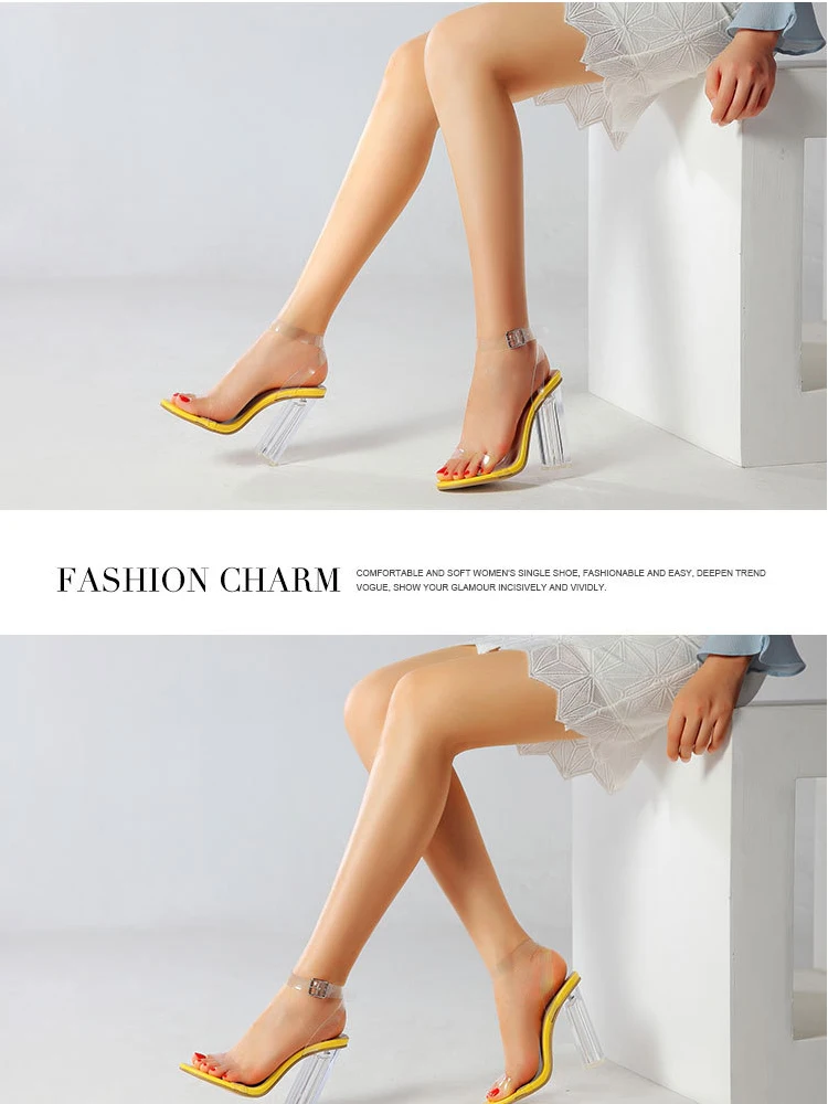 

Women's Summer sandals Heeled ladies women's shoes rubber sole roman new 2021 yellow Pumps Transparent heel woman clear heels
