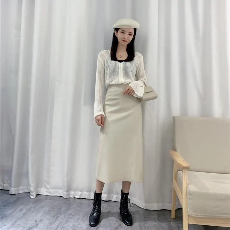 

Женская длинная юбка из ПУ кожи, Повседневная простая тонкая трапециевидная юбка с высокой талией, Осень-зима 2022