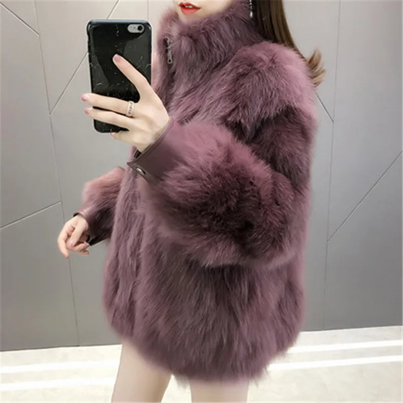 2019 new stand collar ladies fox fur coat large size fashion short leather fur female coat 873