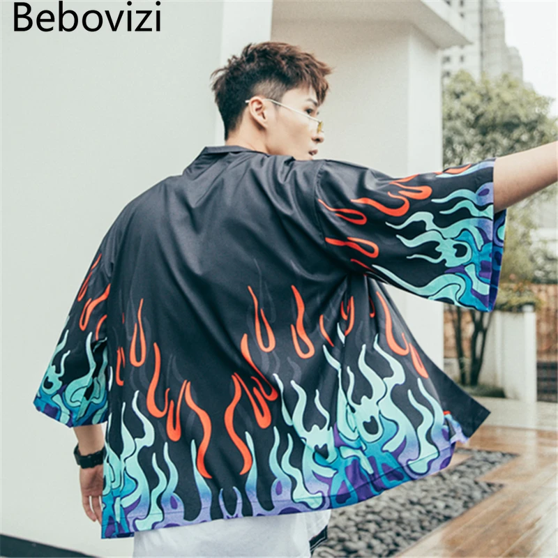 Кардиган-кимоно Bebovizi в японском стиле с принтом пламени уличная одежда Харадзюку